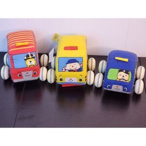 Melissa & Doug Ks Kid Pullback Vehicle Soft Cloth Plush Fire Police Bus Lot of 3